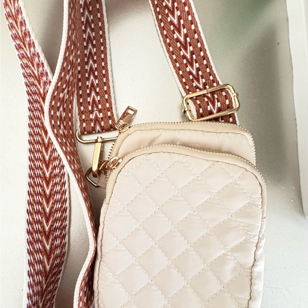Quilted Cream Crossbody Phone Bag with Patterned Strap